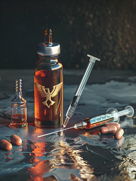 Vintage 3D Rendered Conceptual Still Life Composition Featuring Insulin Medicine BottlesPipette