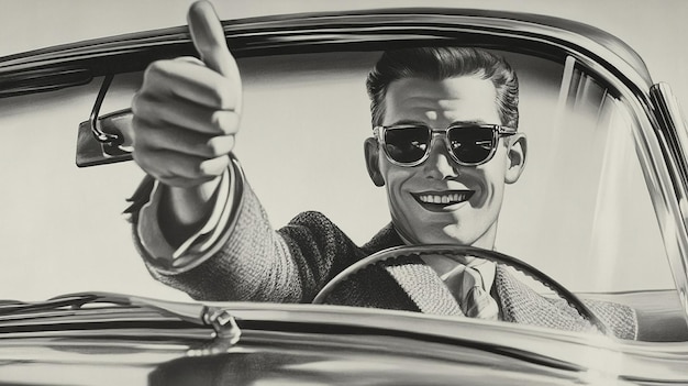 Photo vintage advertisement of a man giving a thumbs up in a car