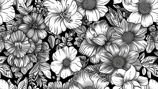 Photo vintage aesthetic detailed line art and shading in a black and white floral pattern