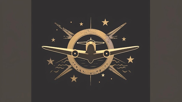 A vintage airplane illustration in a circle with a starry background for a travel or aviation logo