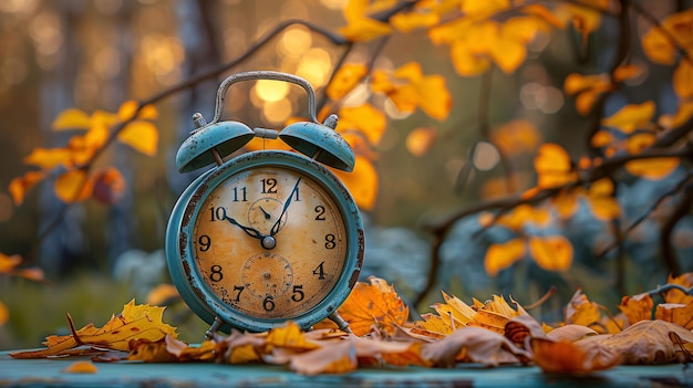 Photo vintage alarm clock amidst autumn leaves