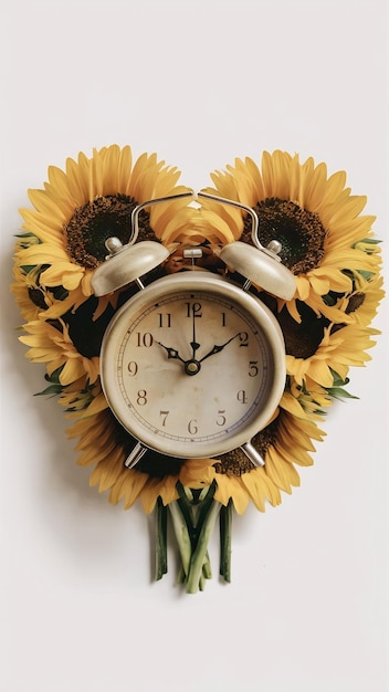 vintage alarm clock as heart shape some fresh sunflowers