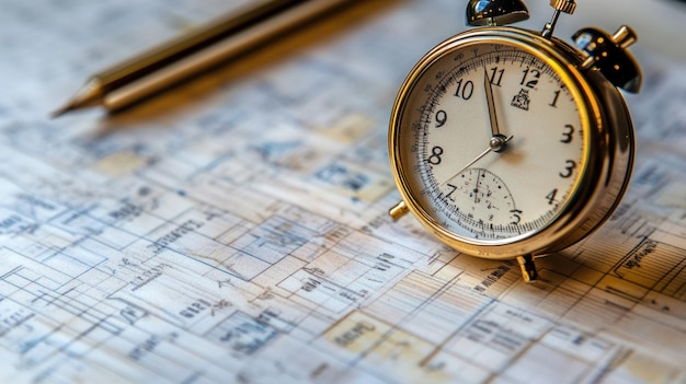 Photo vintage alarm clock on a blueprint