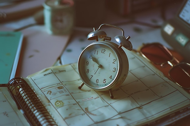 Photo vintage alarm clock on a calendar