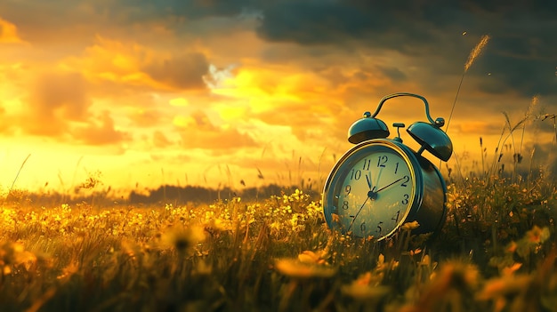 Photo vintage alarm clock in a field at sunset