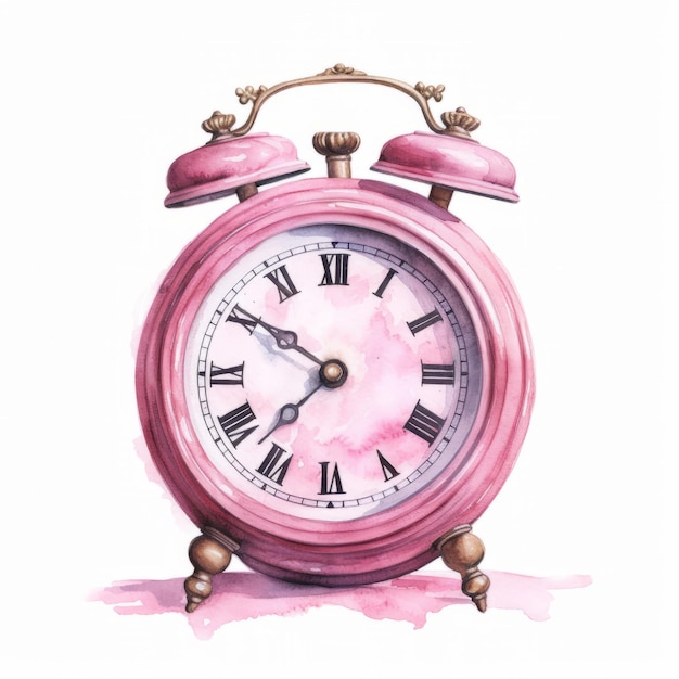 Vintage alarm clock isolated on white background Watercolor hand drawn illustration