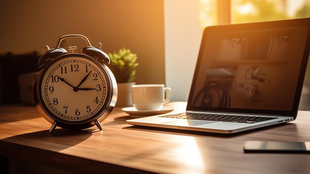 A vintage alarm clock a laptop a smartphone and a cup of coffee on a wooden table with warm sunlight streaming in from a window