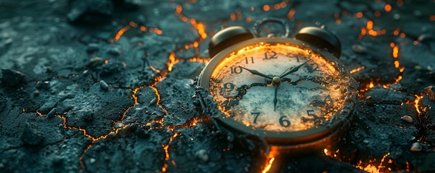 Photo vintage alarm clock melting on lavacovered ground symbolizing the passage of time and destruction