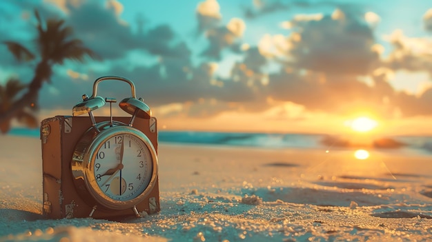 Photo vintage alarm clock on a sandy beach at sunset