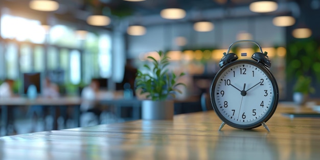 A vintage alarm clock sits on a wooden desk in a modern open office environment with soft lighting