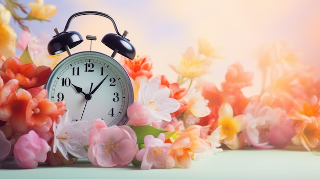 Vintage alarm clock surrounded by many different beautiful flowers