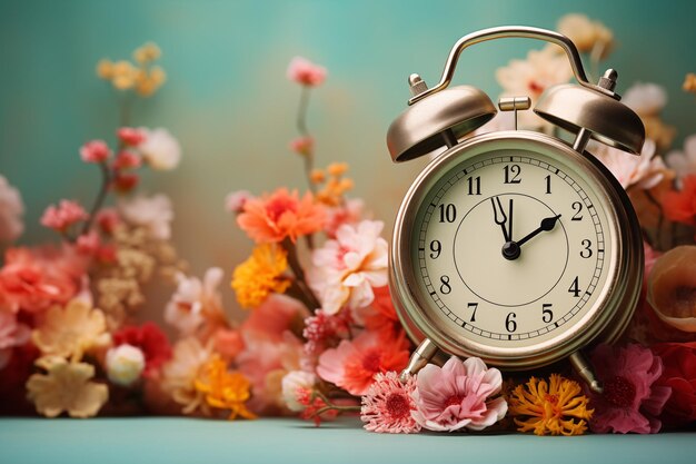 Photo a vintage alarm clock surrounded by a vibrant array of spring flowers