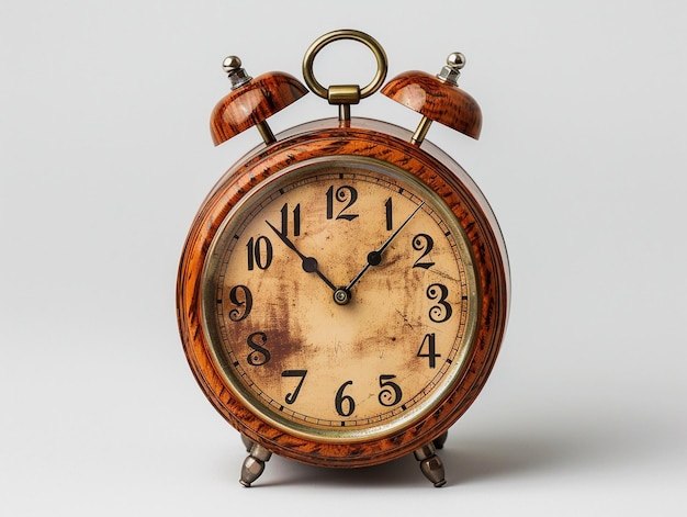 Photo vintage alarm clock with distressed finish displayed against clean background in soft lighting