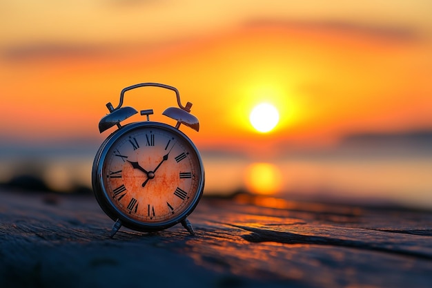 Vintage alarm clock on wooden surface with sunset in the background