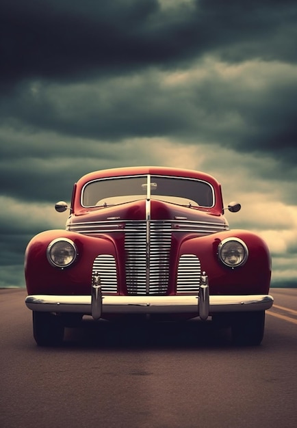 Vintage american car on the road with dramatic cloudy sky