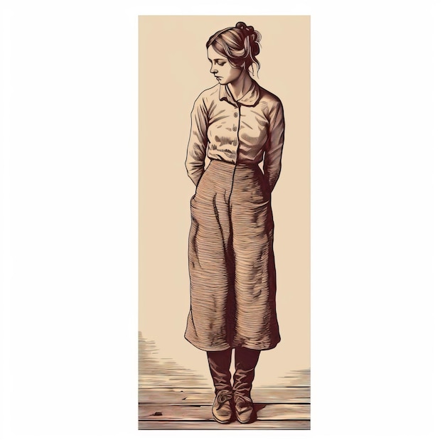 Vintage Americana Portrait Illustration Of Girl In Brown Outfit