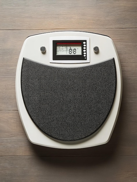 Photo vintage analog bathroom scale on wooden floor with retro design and textured surface