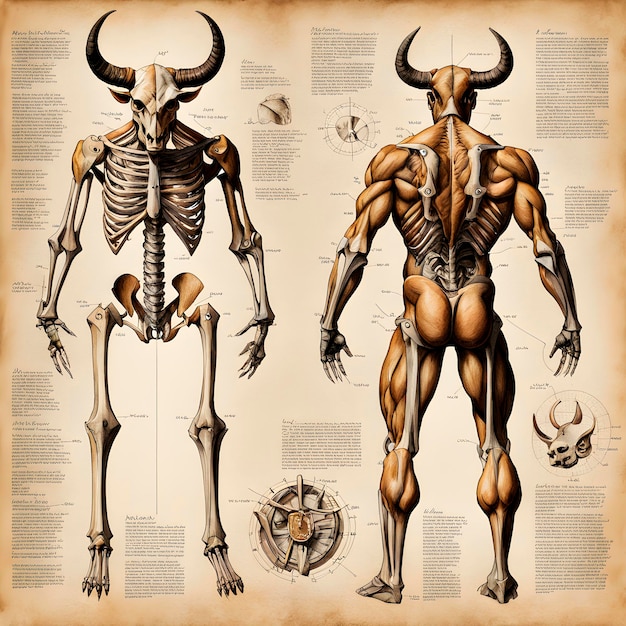 Vintage anatomical drawing of a minotaur