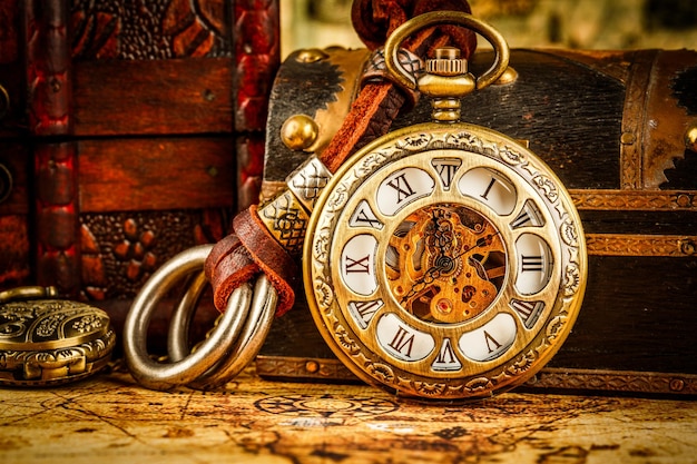 Vintage Antique pocket watch. Vintage grunge still life.