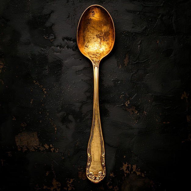 Photo vintage antique retro gold spoon isolated on black background