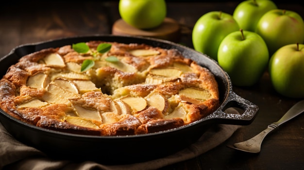 Vintage apple cake cooked in a frying pan with fresh