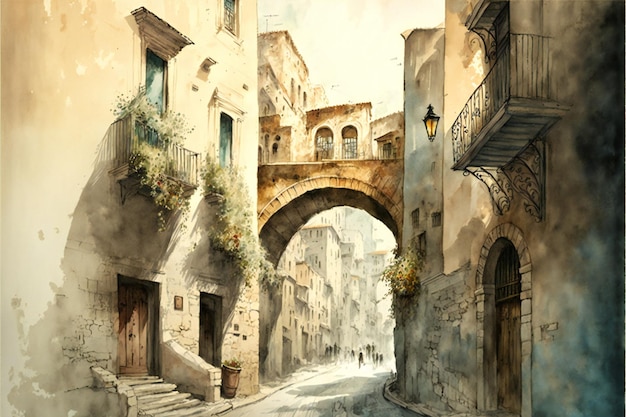 Vintage aquarelle painting of old city creative digital illustration painting vintage style