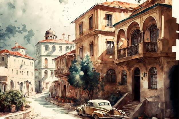 Vintage aquarelle painting of old city creative digital illustration painting vintage style