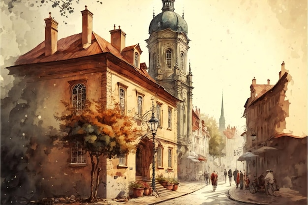 Vintage aquarelle painting of old city creative digital illustration painting vintage style