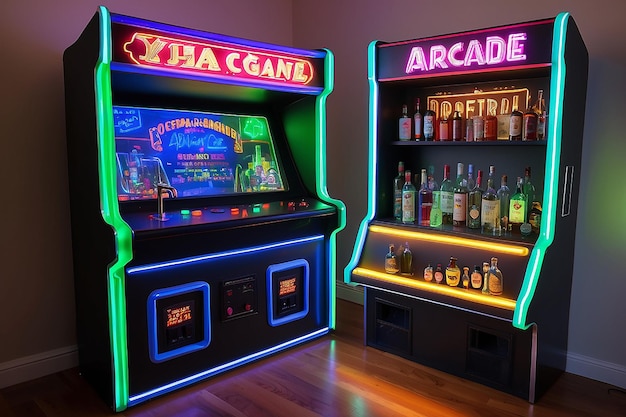 Photo vintage arcade game cabinet transformed into a bar console with retro neon lights and liquor display