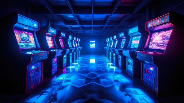 Vintage Arcade Video Games in an Old Gaming Room with Retro Design and Blue Light Illumination