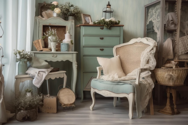 A vintage armchair surrounded by shabby chic accessories and decor created with generative ai