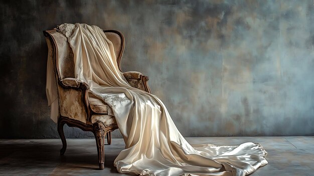 A vintage armchair with a white satin fabric draped over it in front of a textured wall