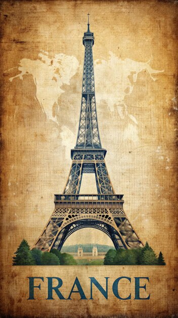 Vintage artistic representation of the Eiffel Tower with France text backdrop Generative AI