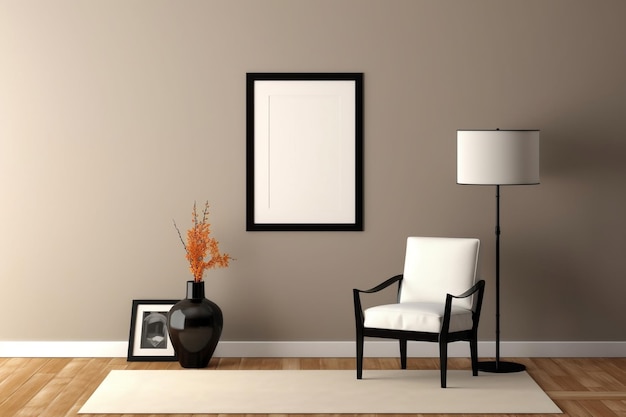 Vintage Asian Chair and White Poster Frame on Beige Wall Ai Generated