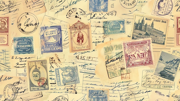 A vintage background with old postage stamps and handwritten notes