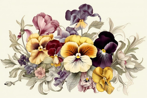 Vintage background with pansy flowers Handdrawn illustration