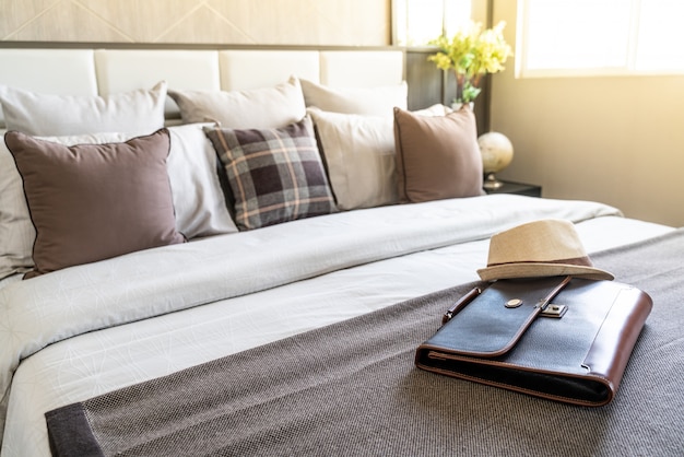  vintage bag on bed in cozy bedroom