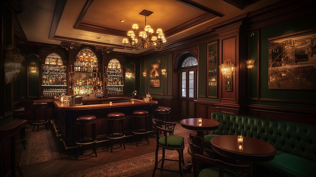 Vintage bar interior with bar counter and chairs