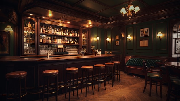 Vintage bar interior with bar counter and chairs