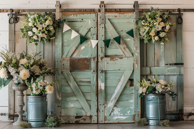 vintage barn doors with flowers and vintage cans and greens birthday background