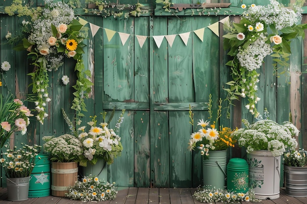 vintage barn doors with flowers and vintage cans and greens birthday background