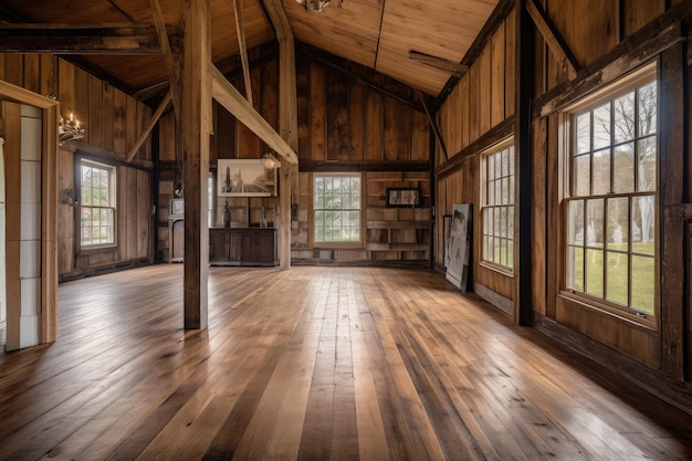 Vintage barn with expansive wood board flooring and view of pastures