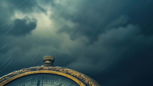 Vintage barometer showing stormy weather approaching with dark clouds and rain