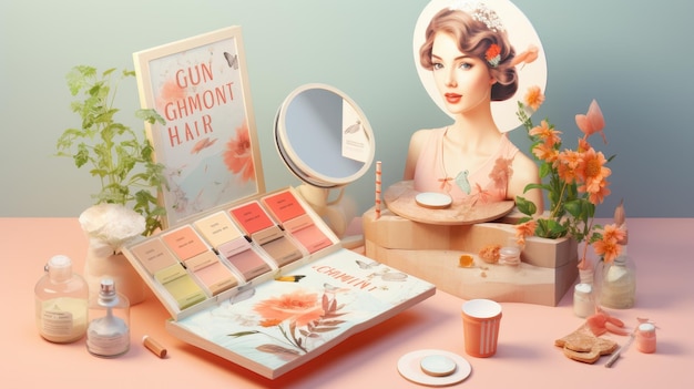 Vintage Beauty Product Display with Makeup Generative Ai