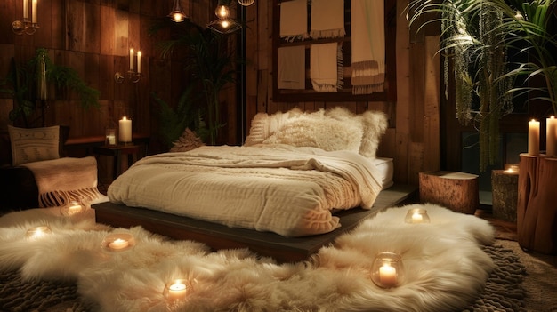 A vintage becomes a cozy and inviting escape with the addition of a plush fur rug velvet ds and a