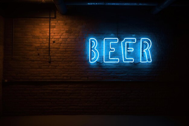 Vintage Beer Neon Sign on Dark Brick Wall with Mug