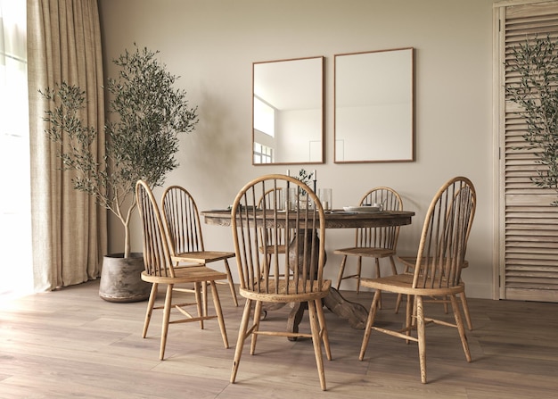 Vintage beige dining room interior with furniture Scandinavian boho style 3D rendering