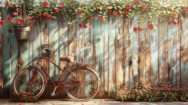 Vintage Bicycle Leaning Against a Rustic Wooden Fence With Flowers