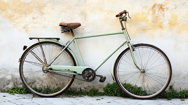 Photo vintage bicycle leaning against a weathered wall