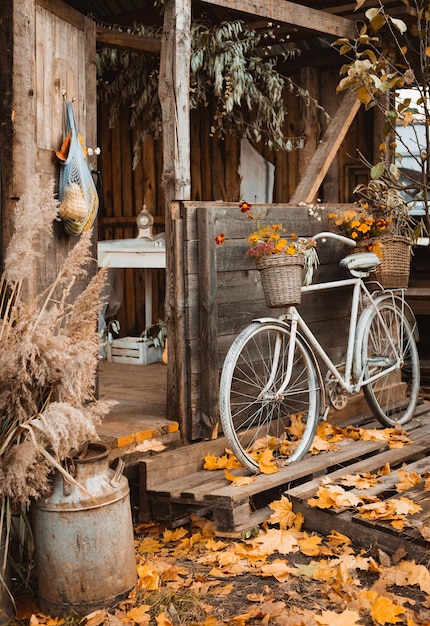 Vintage bicycle leaning on wooden wall of old atmospheric country house on beautiful autumn day